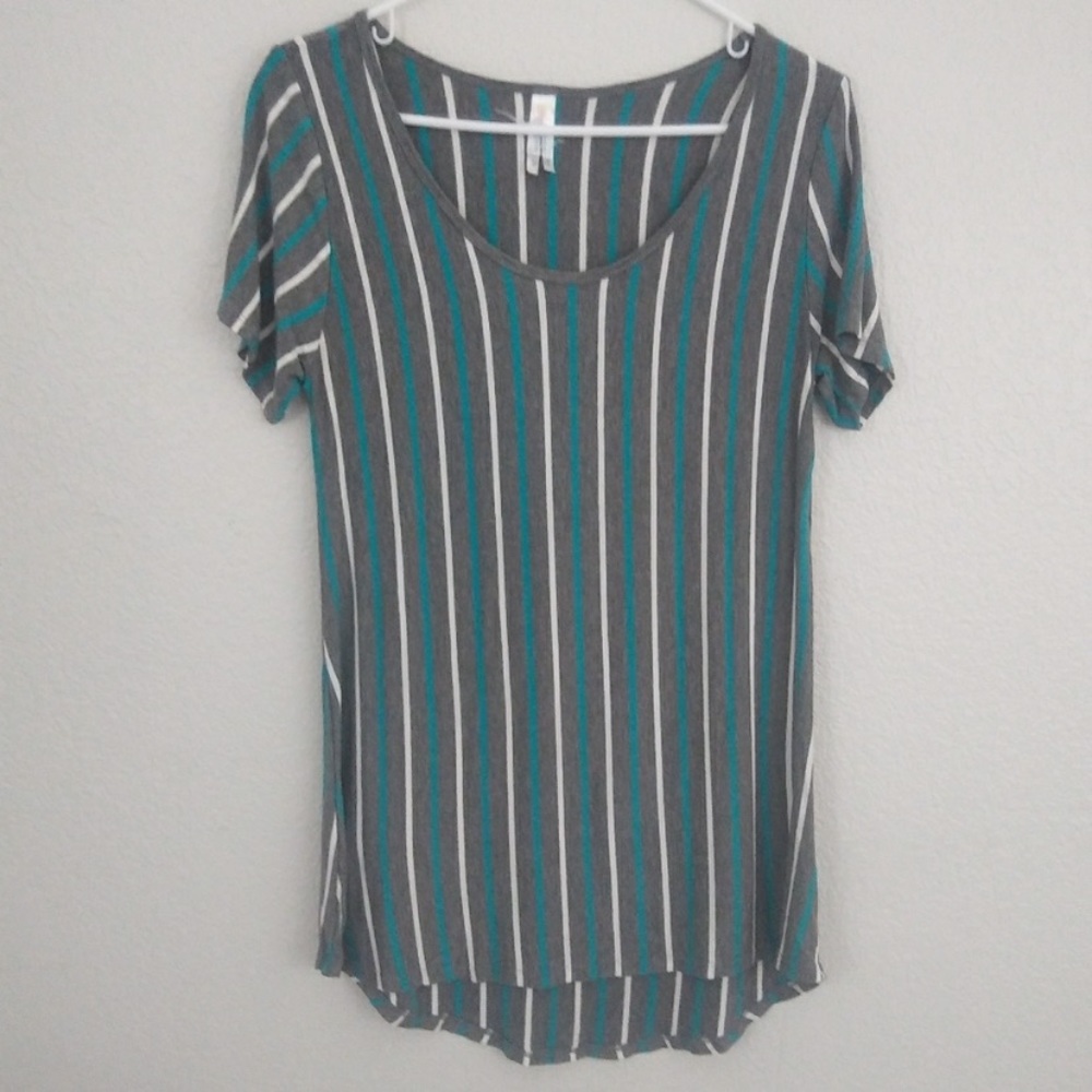 LuLaRoe gray, teal and white vertical striped tee